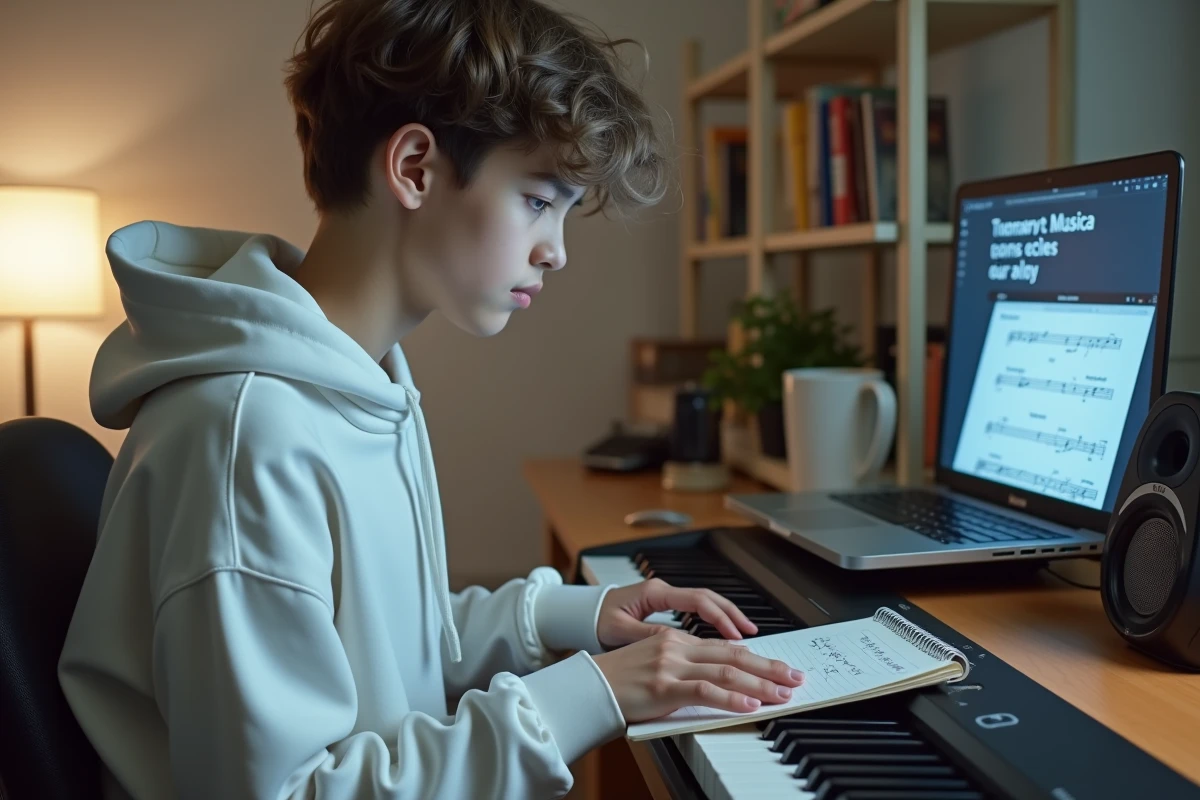 Adolescent suivant une routine quotidienne de 10 minutes pour apprendre la clé de FA sur un piano numérique dans sa chambre
