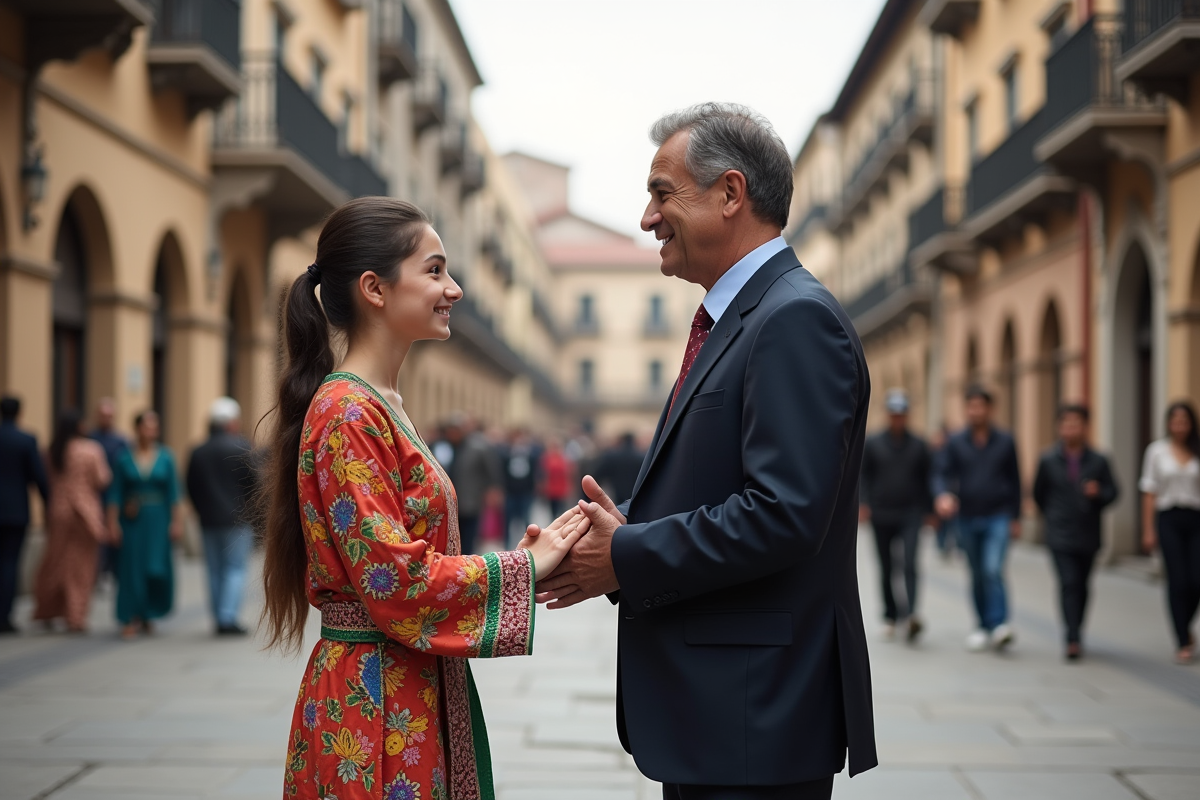 Jeune fille et homme saluant dans une place urbaine