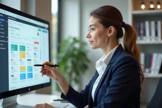 Femme professionnelle analysant un tableau de bord de segmentation d'une liste email sur un logiciel de newsletter