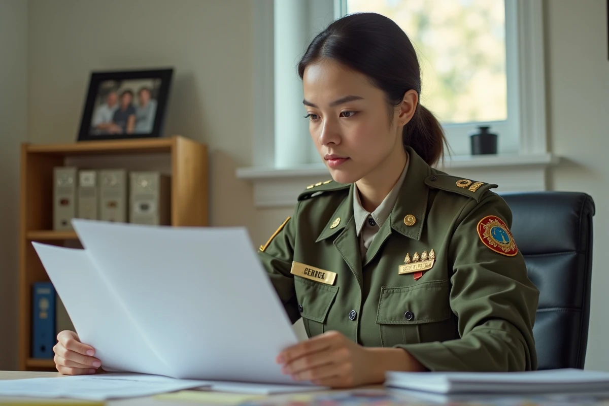 Sergente regardant des documents dans son bureau