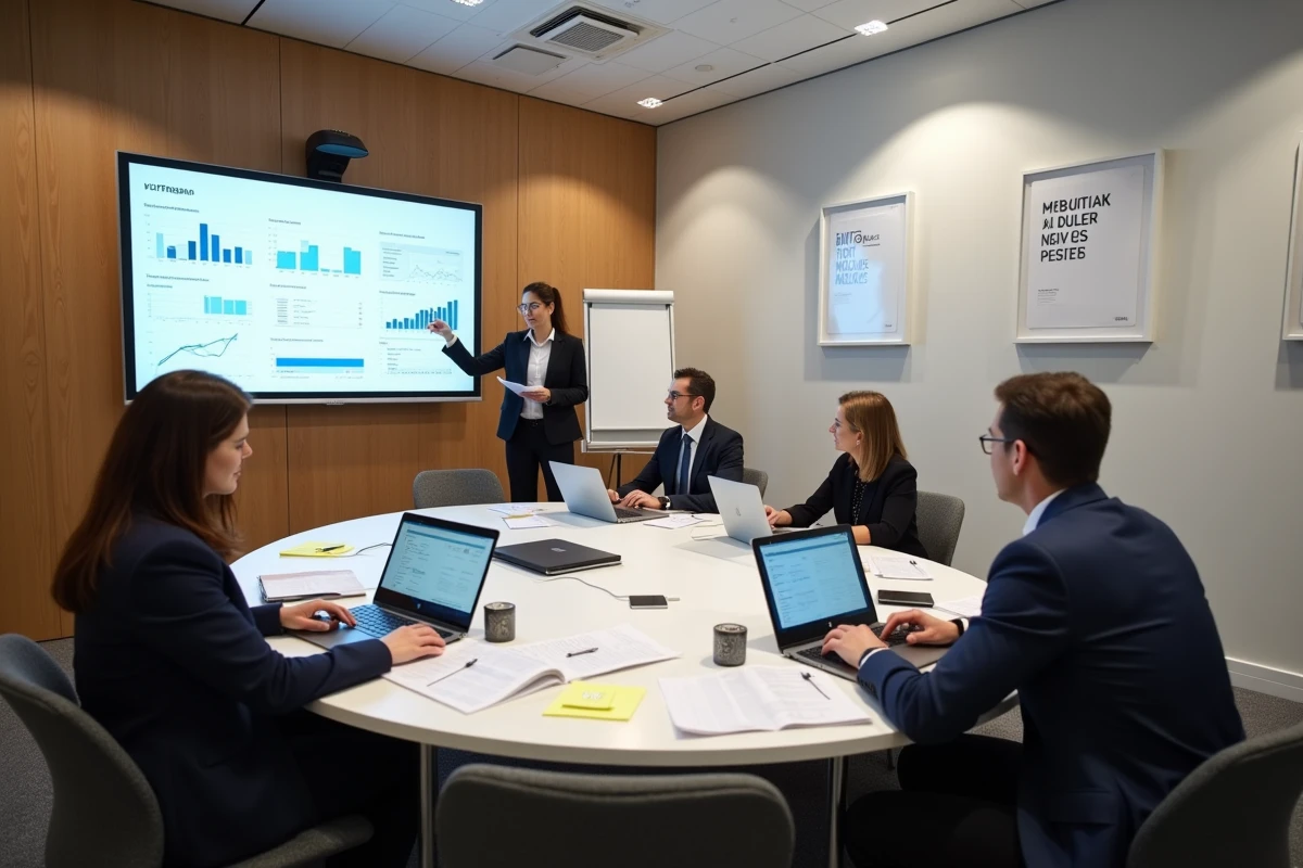 Groupe de professionnels en session de formation digitale dans une salle de séminaire à Paris avec accompagnement pédagogique