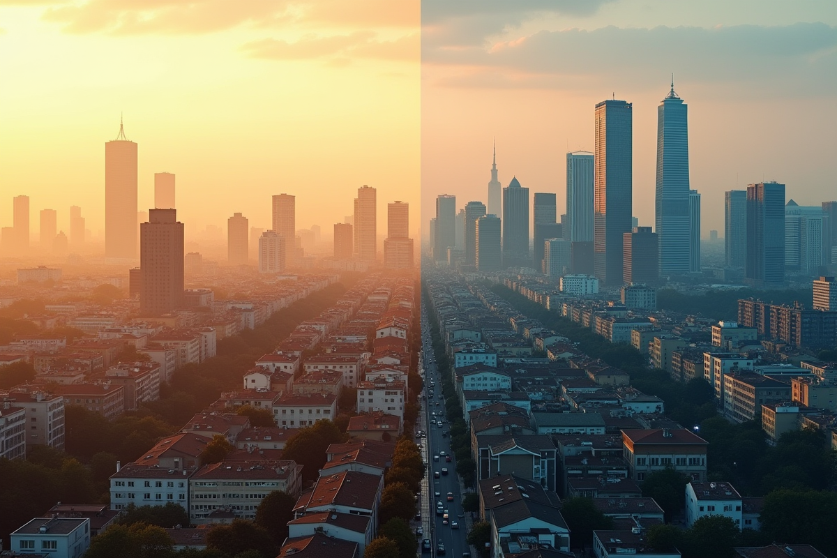 Vue d'une skyline urbaine entre ancien et moderne au coucher du soleil