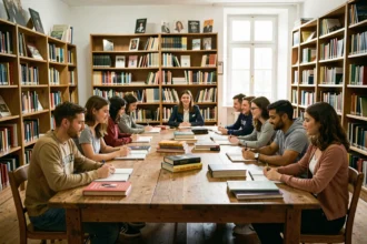 Groupe d'élèves de différents niveaux travaillant avec un tuteur dans une bibliothèque régionale en Bourgogne-Franche-Comté