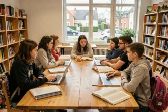Groupe d'élèves et tuteurs autour d'une table dans un centre de soutien scolaire en Seine-et-Marne