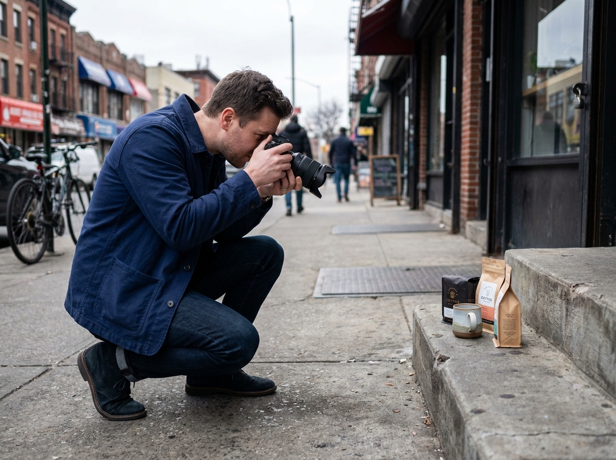 Photographe stagiaire réalisant une prise de vue produit en extérieur dans un contexte urbain réel