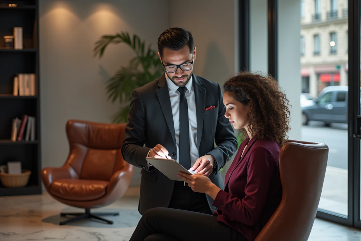 Consultant en formation digitale accompagnant une participante lors d'un suivi post-formation personnalisé dans un business center parisien