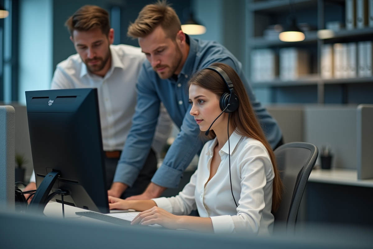 Jeune agente support technique en call center en pleine assistance