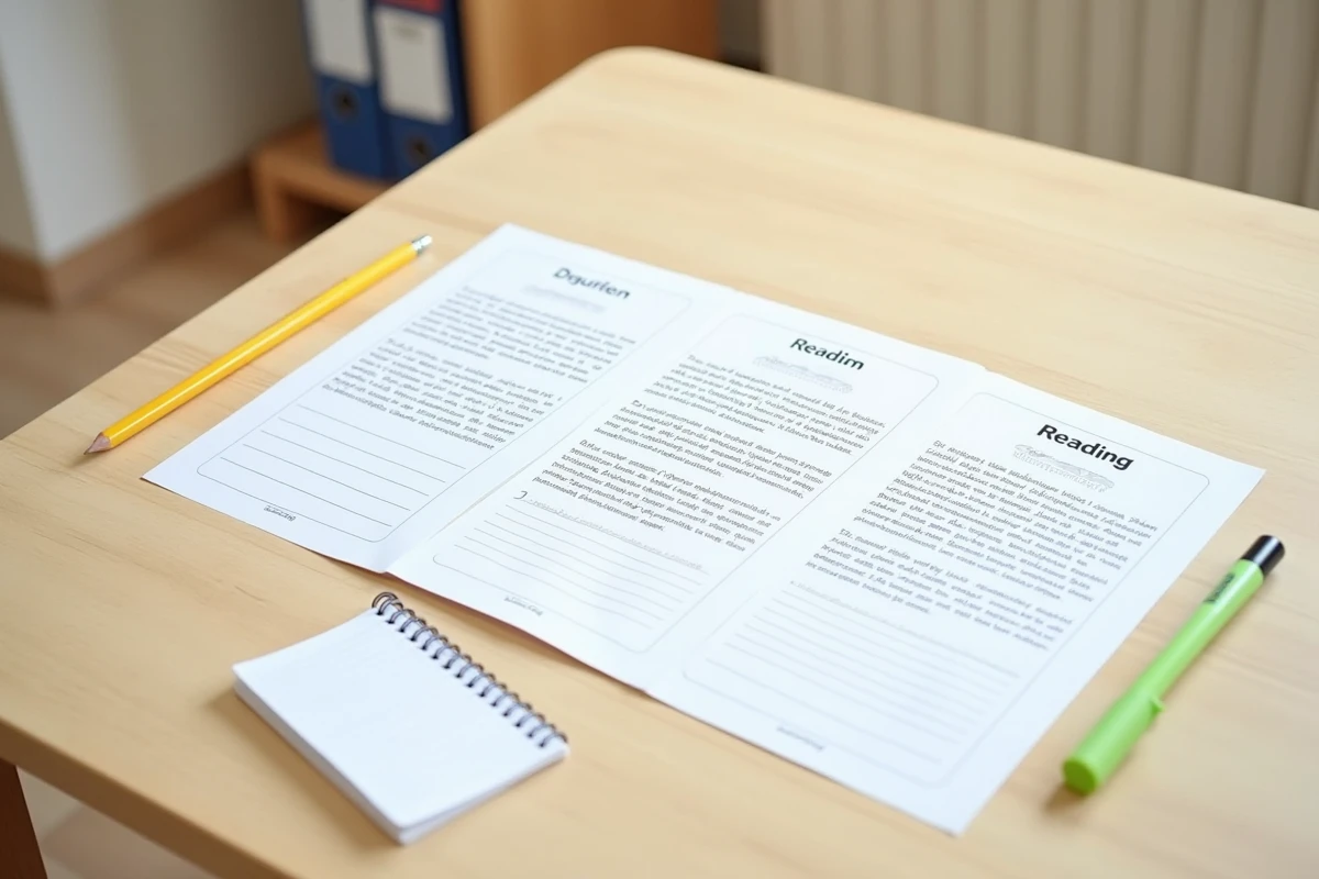 Trois niveaux de textes de fluence CE1 différenciés imprimés et disposés côte à côte sur une table de classe en bois