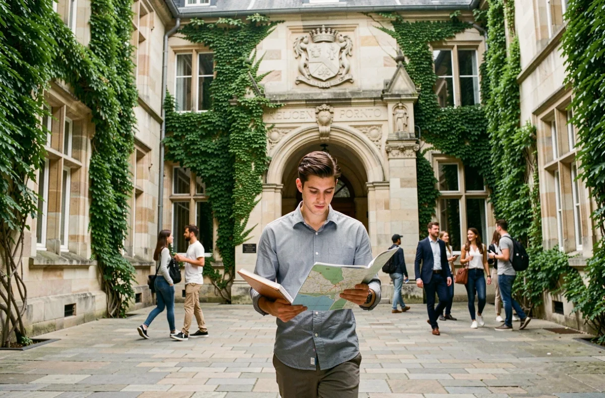 Étudiant en alternance traversant la cour historique du campus de l'Université d'Angers