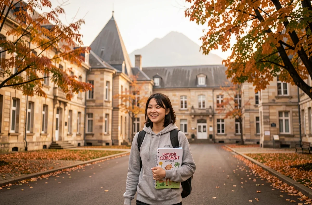 Étudiante étrangère traversant la cour de l'Université Clermont Auvergne avec un manuel de français langue étrangère