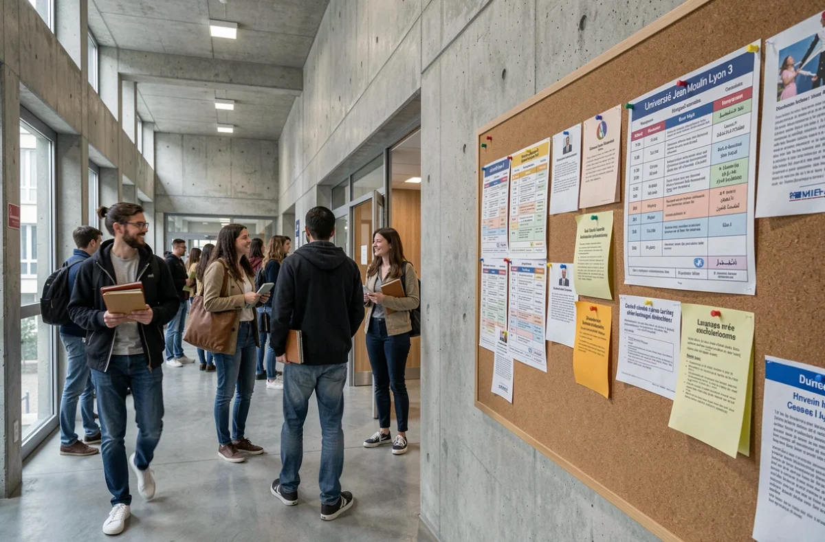 Couloir animé du centre de langues de l'Université Jean Moulin Lyon 3 avec des étudiants internationaux entre deux cours