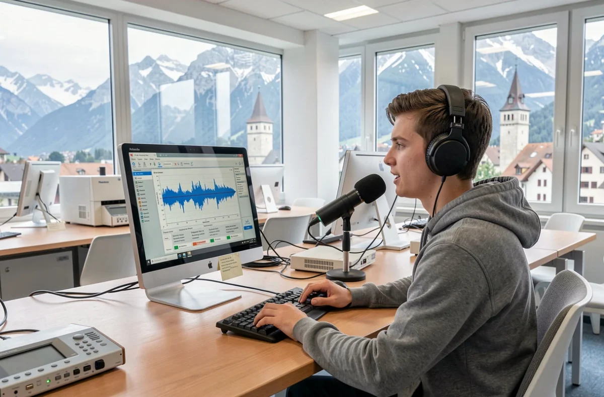 Étudiant dans le laboratoire de langues de l'Université Savoie Mont Blanc à Chambéry avec vue sur les Alpes