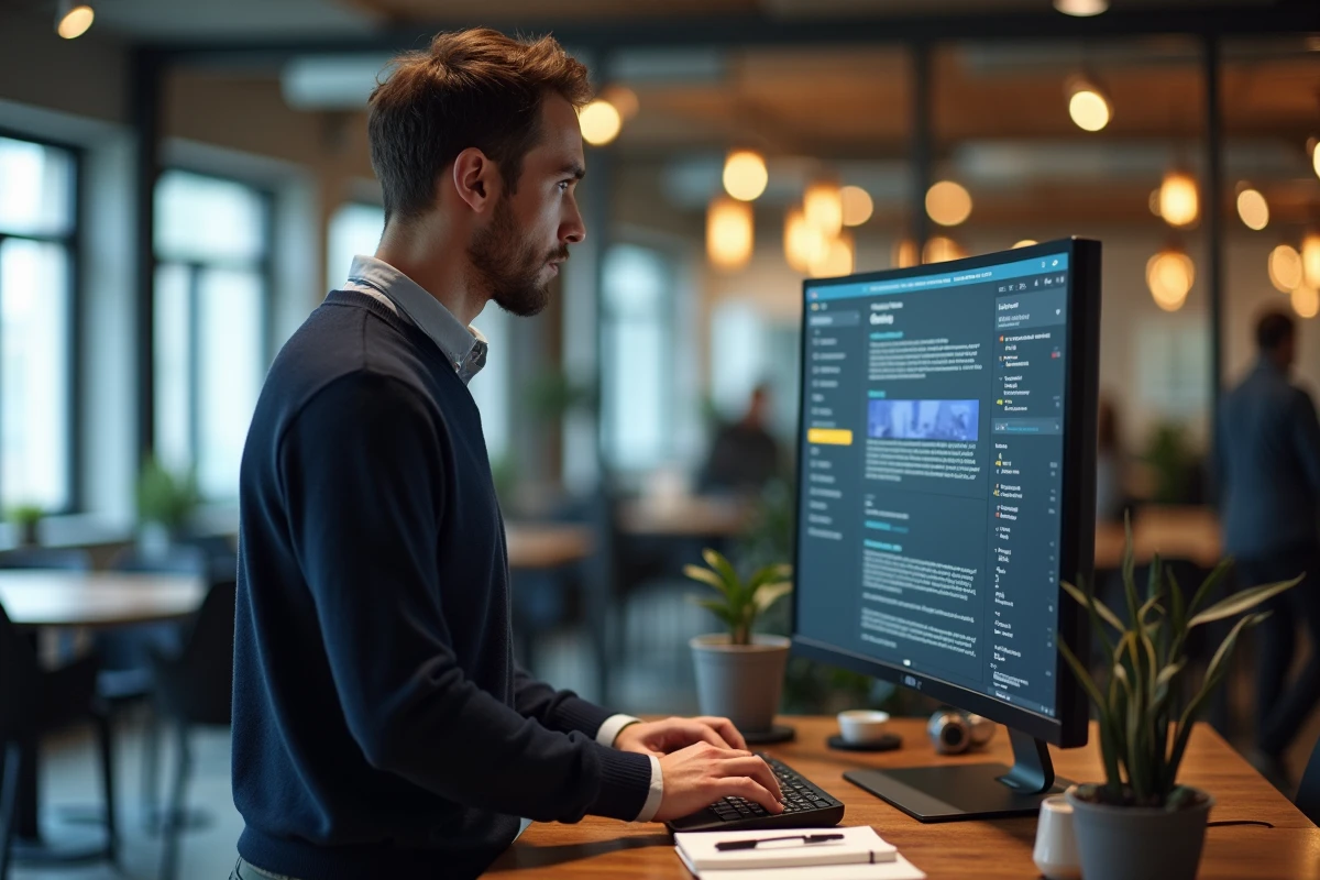 Professionnel du marketing vérifiant une campagne emailing de formation sur grand écran en espace de coworking