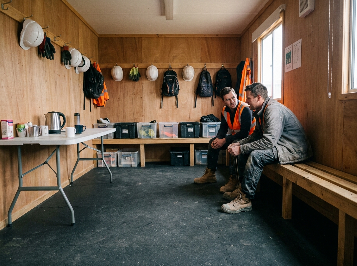 Vestiaire de chantier BTP avec ouvriers se changeant dans une cabine de bien-être conforme aux obligations légales de l'employeur