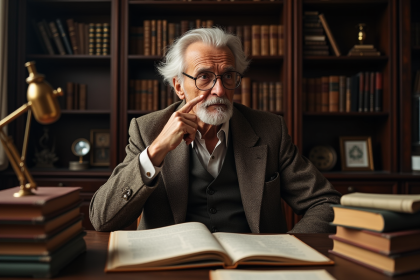 Portrait d'un vieil homme physicien en tweed dans un bureau ancien