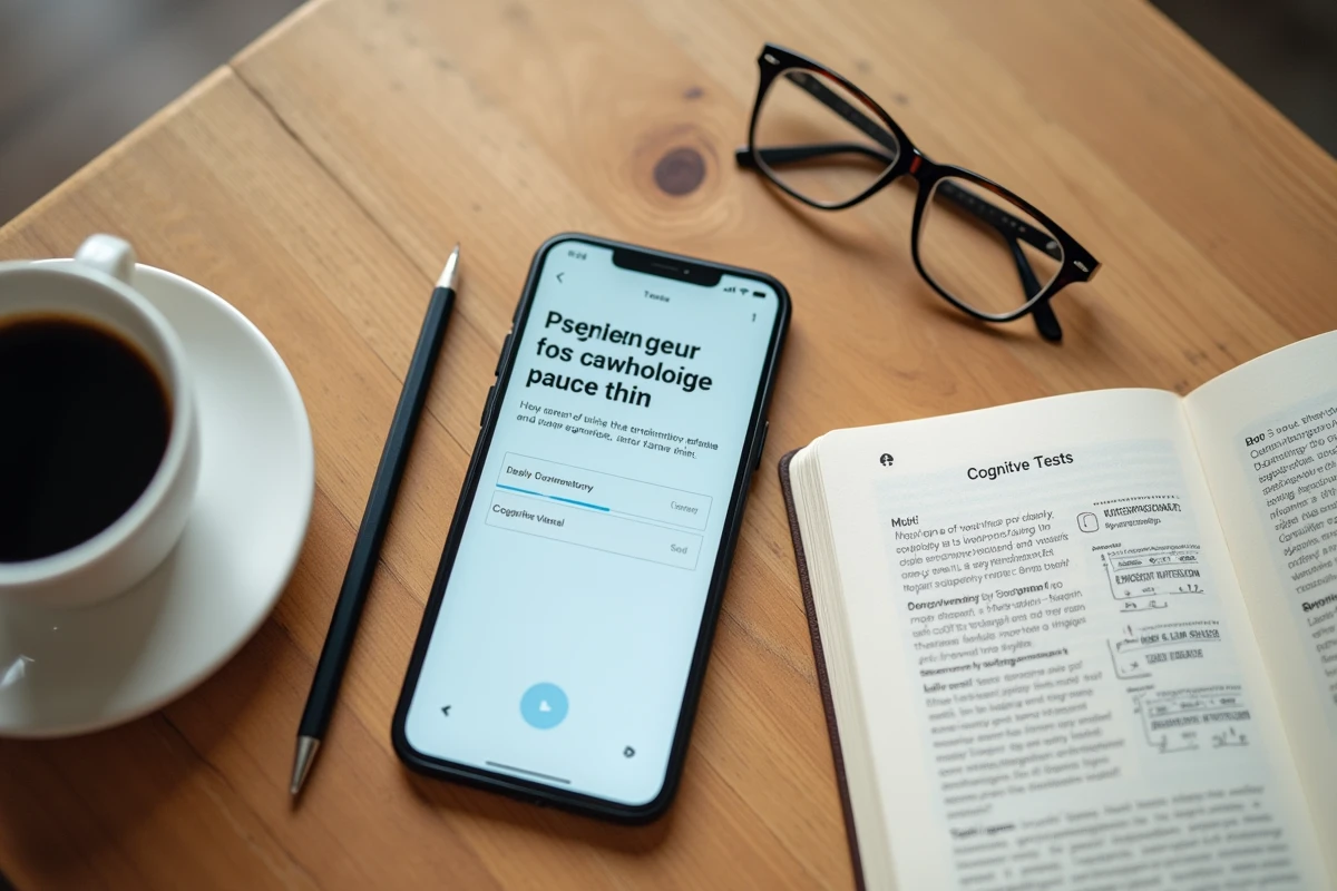 Vue de dessus d'un smartphone affichant un test de QI en ligne posé sur une table en bois avec un carnet de notes et des lunettes